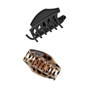 No-Slip Grip Recycled Covered Hinge Claw Clips - Matte Black/Matte Tortoise - All Hair - 2pcs