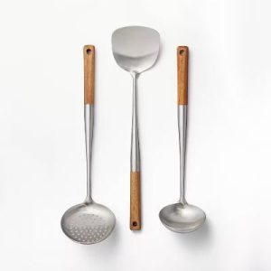 3pc Wok Tools Set Brown - Stainless Steel & Wood Kitchen Utensils, Includes Skimmer, Turner, Ladle