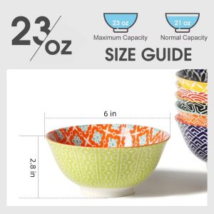 Etokfoks 23oz Porcelain Cereal Bowls Set of 6 Colorful Deep Soup Salad Dessert Pasta Ice Cream Bowls 6 Inch Dishwasher Safe