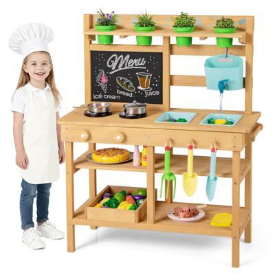 Kids Mud Kitchen with Faucet Removable Sinks Chalkboard Stovetops Rotation Knobs - Image 5