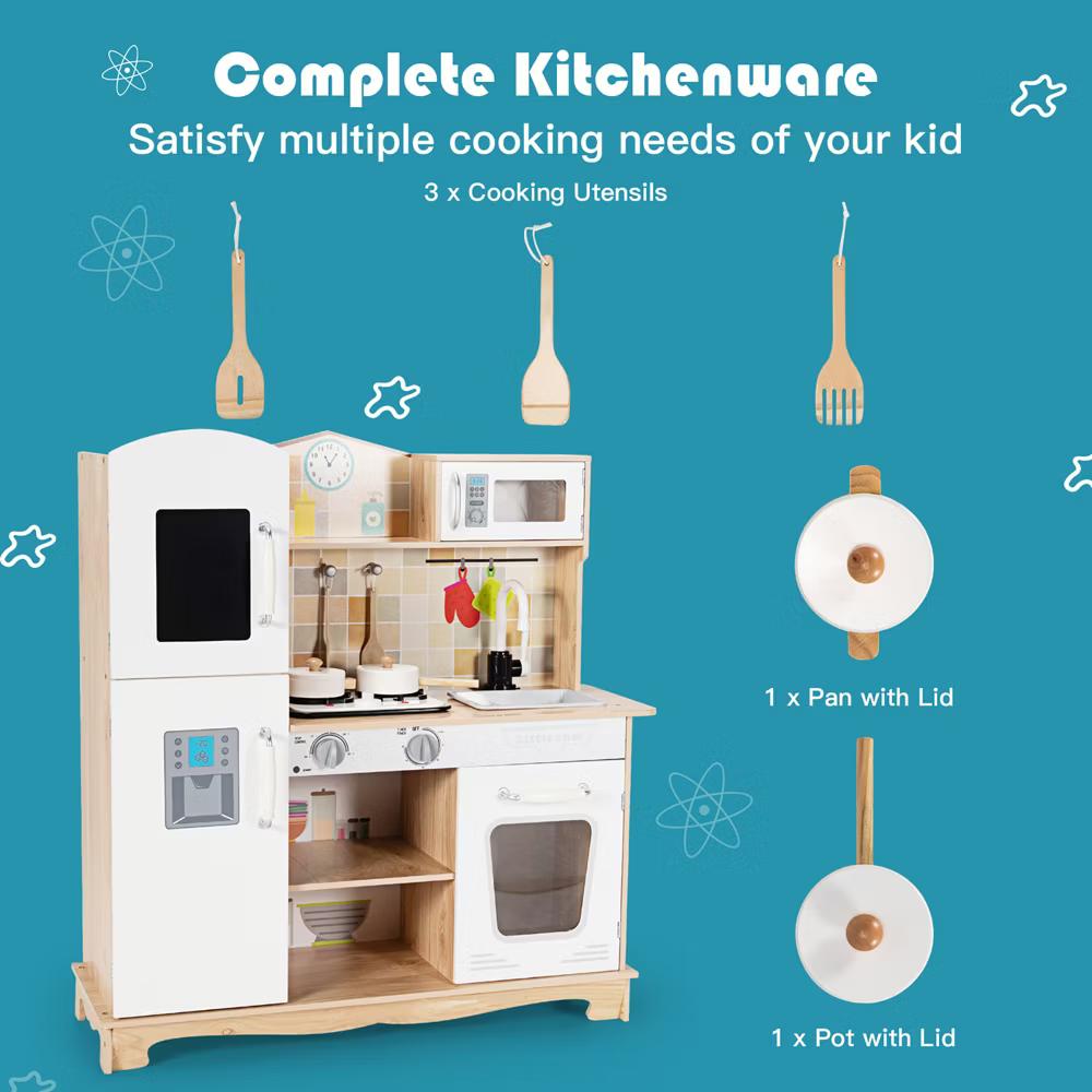 Wooden Kids Pretend Kitchen Playset Cooking Play Toy w/ Utensils & Sound - Image 9