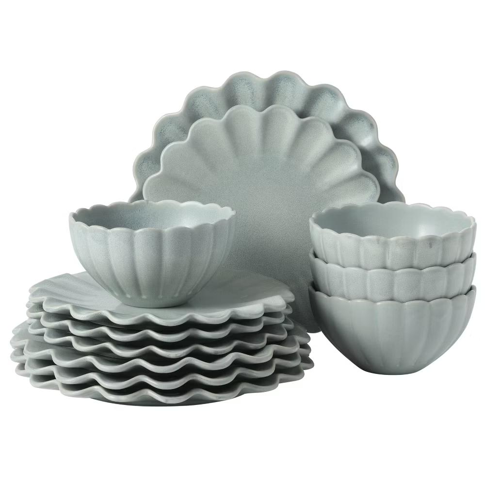 Plates and Bowls Sets, 12-Piece Stoneware Dinnerware Set for 4, Scalloped Dish Set with Dinner Plates, Salad Plates & Bowls - Image 15