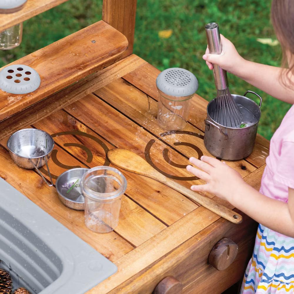 Guidecraft Acadia Kids' Outdoor Mud Kitchen Playset - Pretend Play Kitchen with Sink, Stove, and Accessories | Wooden Backyard Playset - Image 6