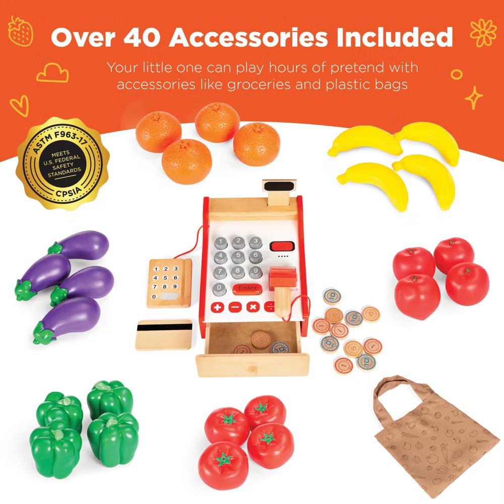 Kids Pretend Play Grocery Store Wooden Supermarket Set w/ Chalkboard, Cash Register - Red - Image 17
