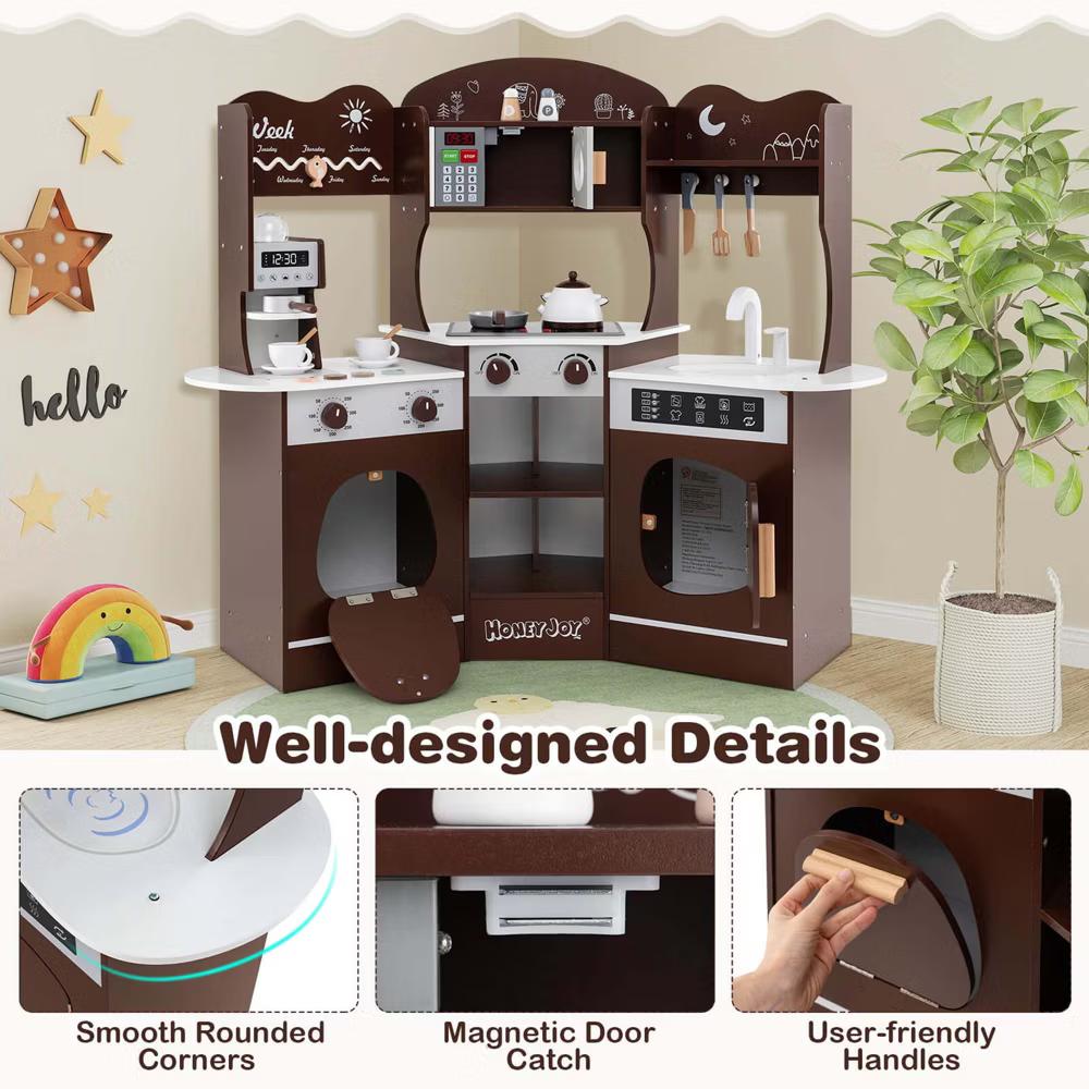 Corner Kitchen Playset with Coffee Machine Oven Microwave Washing Machine White/Brown/Pink - Image 8