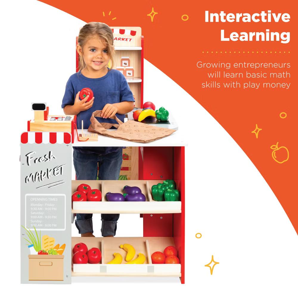 Kids Pretend Play Grocery Store Wooden Supermarket Set w/ Chalkboard, Cash Register - Red - Image 18
