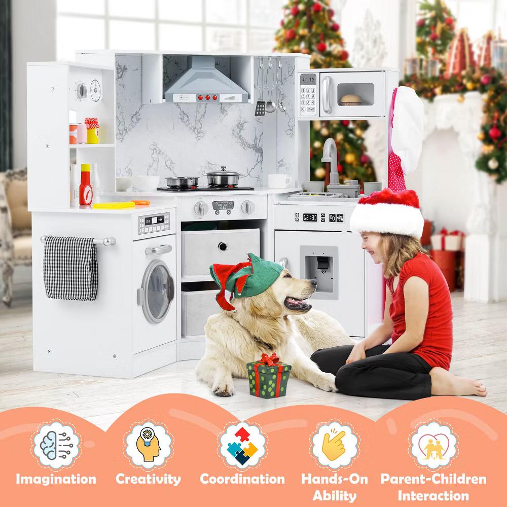 Wooden Kids Play Corner Kitchen with Realistic Lights & Sounds Lighted Range Hood Brown/Grey - Image 33