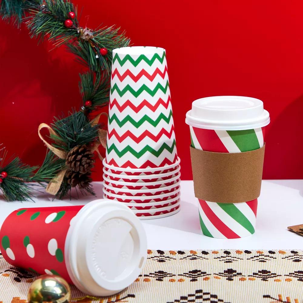 72-Pcs Christmas Disposable Cups – 16 oz Holiday Drinkware with Lids & Sleeves (4 Festive Designs) - Image 2
