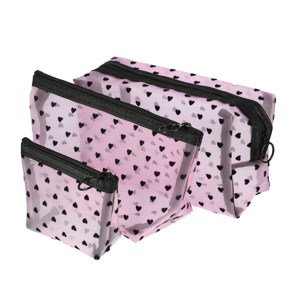 Nylon Heart Shape Print Mesh Clear Makeup Bags 3 Pcs - Image 13
