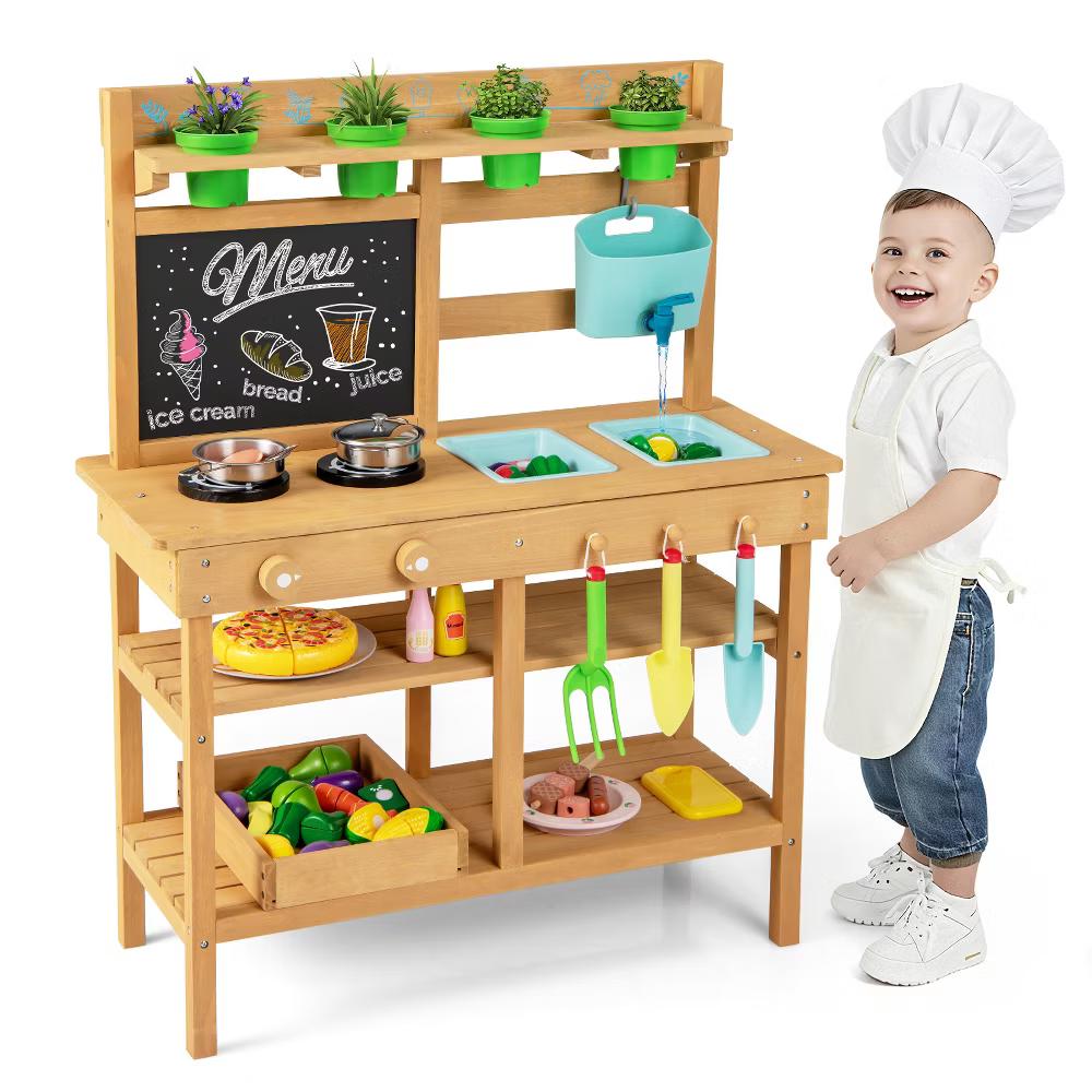 Kids Mud Kitchen with Faucet Removable Sinks Chalkboard Stovetops Rotation Knobs - Image 6