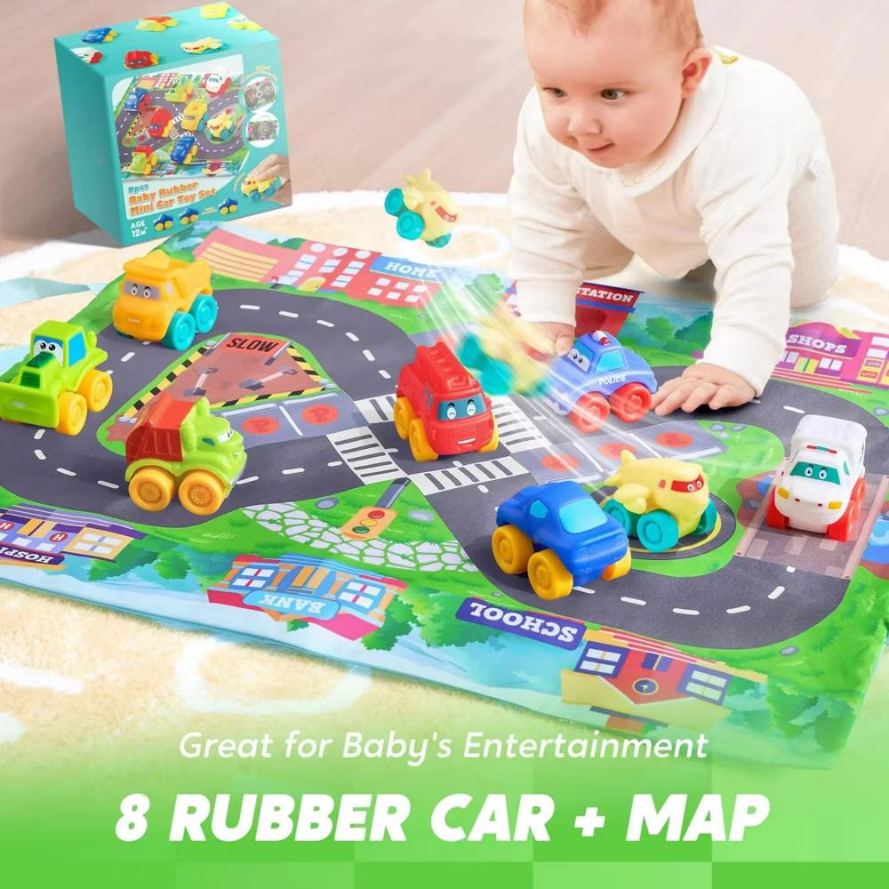 8 PCS Rubber Cartoon Cars with Play Mat, Mini Bath Toy Car for Toddlers, Boy Toys Birthday Gift, Party Favors for Kids Toddlers 2 3+ Year Old - Image 2