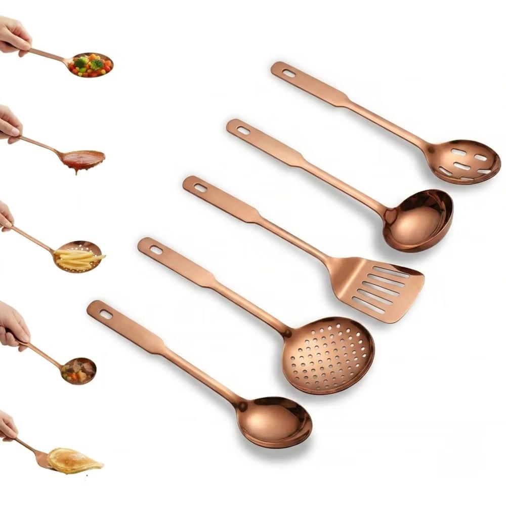 Amco 5-Piece Stainless Steel Cooking Utensil Set, Copper Finish, Includes Kitchen Ladle, Slotted Turner, Skimmer, Solid Spoons, 14" with Hanging Holes - Image 6