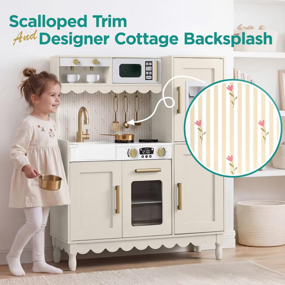 Wooden Cottage Kids Pretend Play Kitchen with 11 Accessories, Espresso Machine - Pink - Image 16