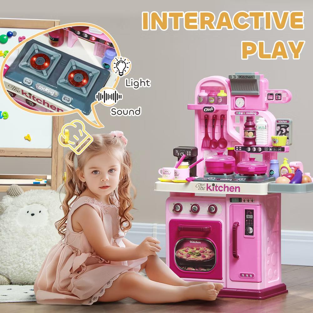 Qaba Play Kitchen, Kids Kitchen Playset, Toy Kitchen with Lights, Sounds, 33 Accessories, Storage, Interactive Playset for Toddler 3-6 Years - Image 5