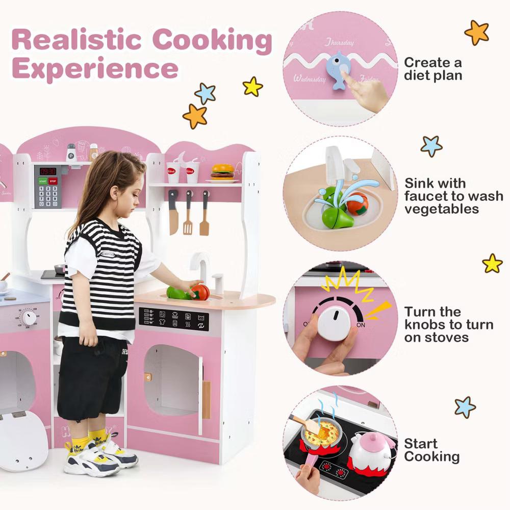 Corner Kitchen Playset with Coffee Machine Oven Microwave Washing Machine White/Brown/Pink - Image 13