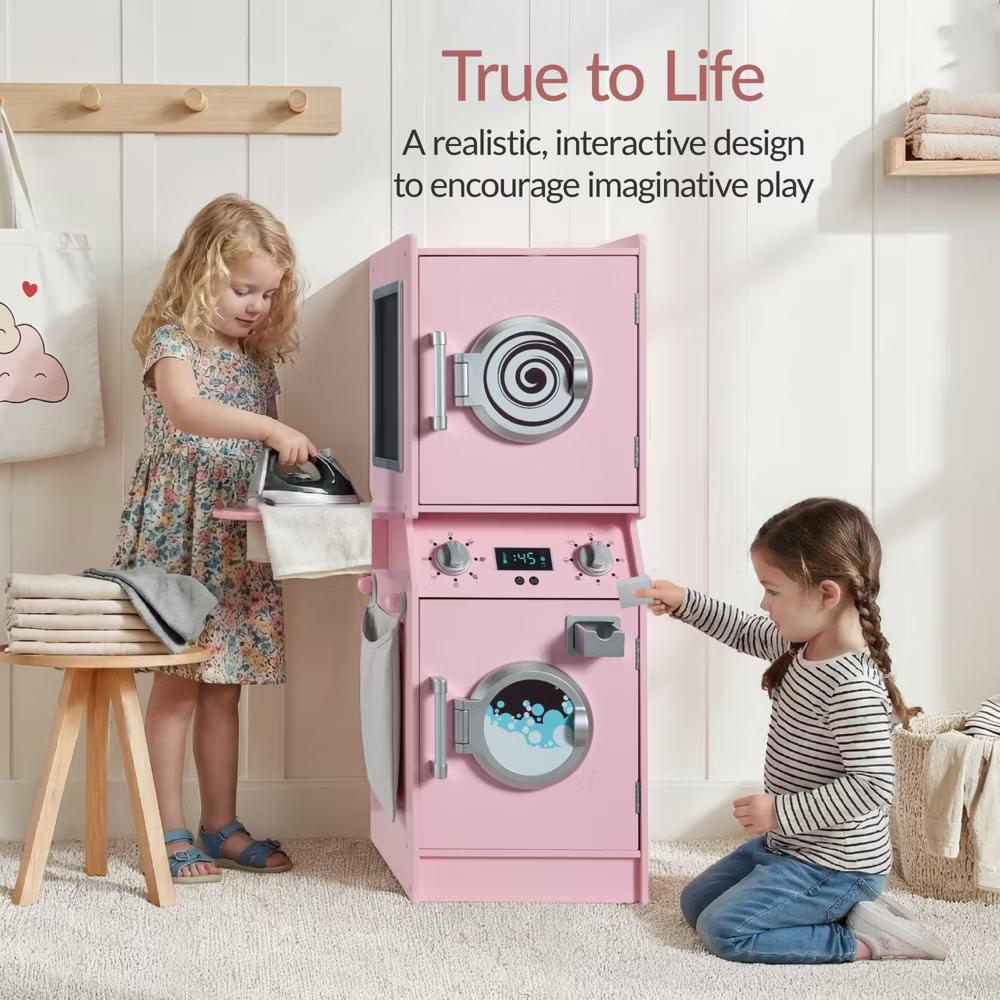 Pretend Play Kids Wooden Stacked Washer & Dryer Set w/ Toy Laundry Storage and Accessories - Pink
