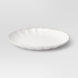 10.5" Stoneware Scalloped Dinner Plate Gold Rim