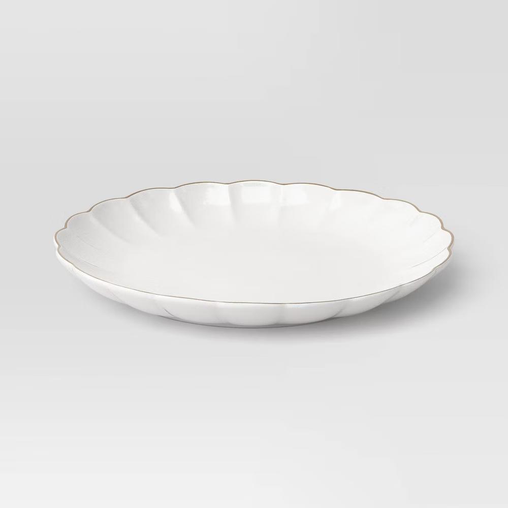 10.5" Stoneware Scalloped Dinner Plate Gold Rim