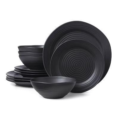 Oneida 12pc Stoneware Dinnerware Set Ridge Black: Matte Black Dishes, Swirl Pattern, Service for 4, Dishwasher-Safe - Image 10