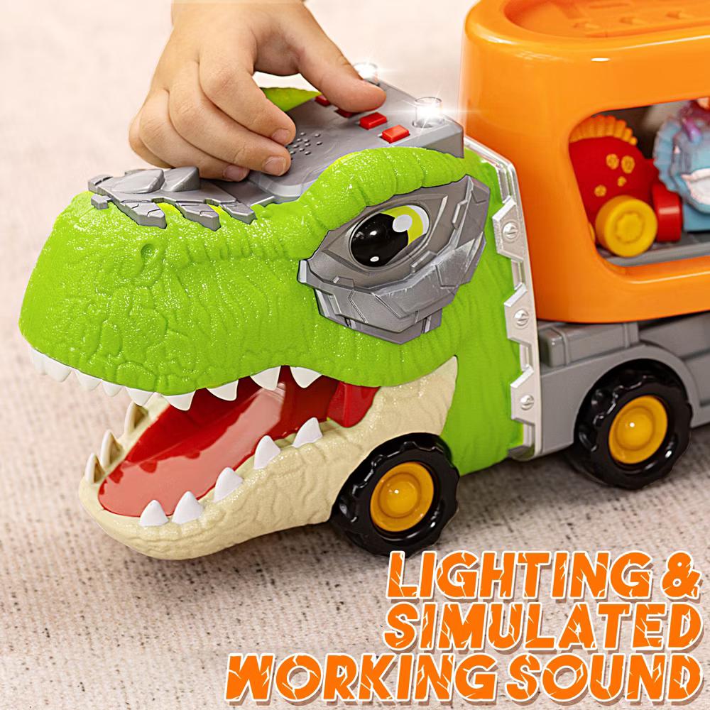 Dinosaur Truck Toy with 6 Rubber Car, Music & Lights, Dinosaur Car Carrier Truck Toy, Toddler Christmas Birthday Gift for 2 3 4 5 Year Old Boys - Image 2