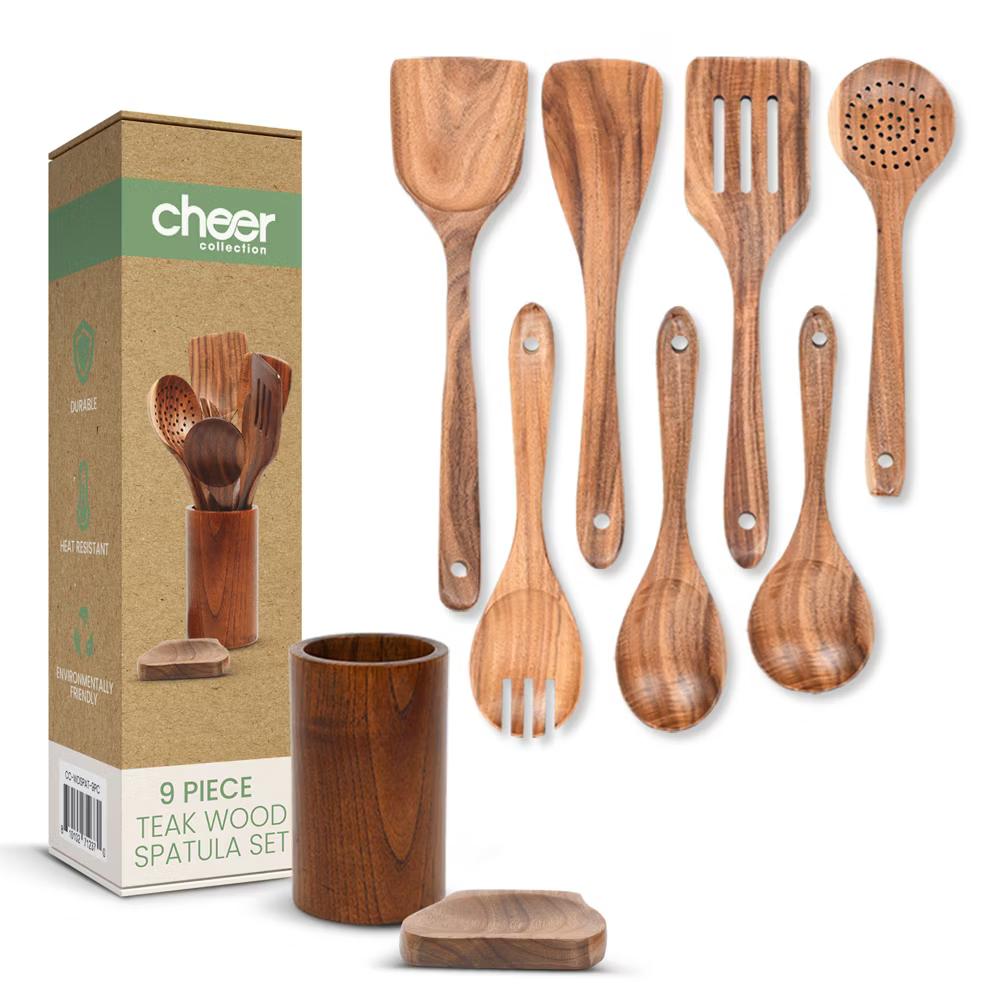9 Piece Deluxe Wooden Utensils Set with Holder and Spoon Rest - Image 2
