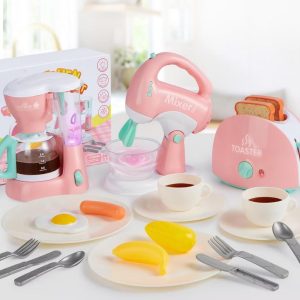 Pretend Play Kitchen Appliances Toy Set with Coffee Maker Machine, Mixer and Toaster with Realistic Light and Sounds for Kids Ages 3-8, Pink
