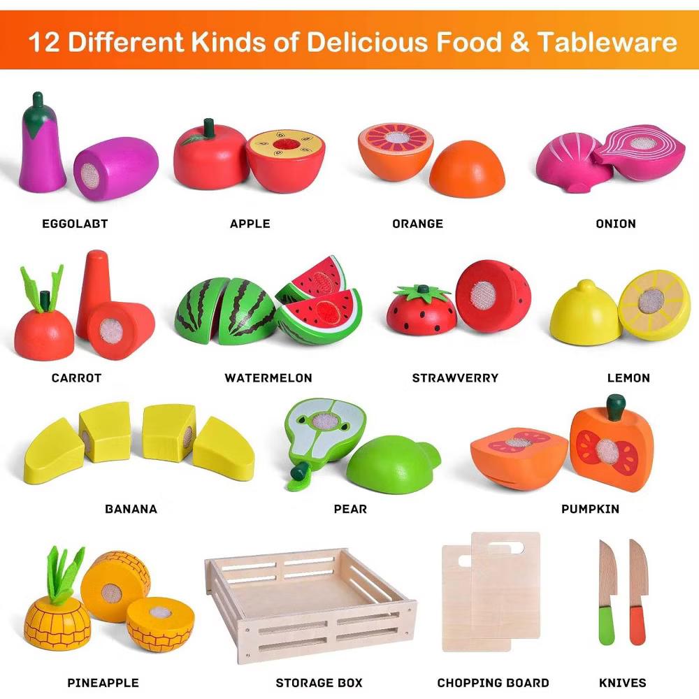 35pc Wooden Play Food Set for Kids, Pretend Cutting Fruits and Vegetables Toy with Tray, Dishes and Toy Knife - Image 4