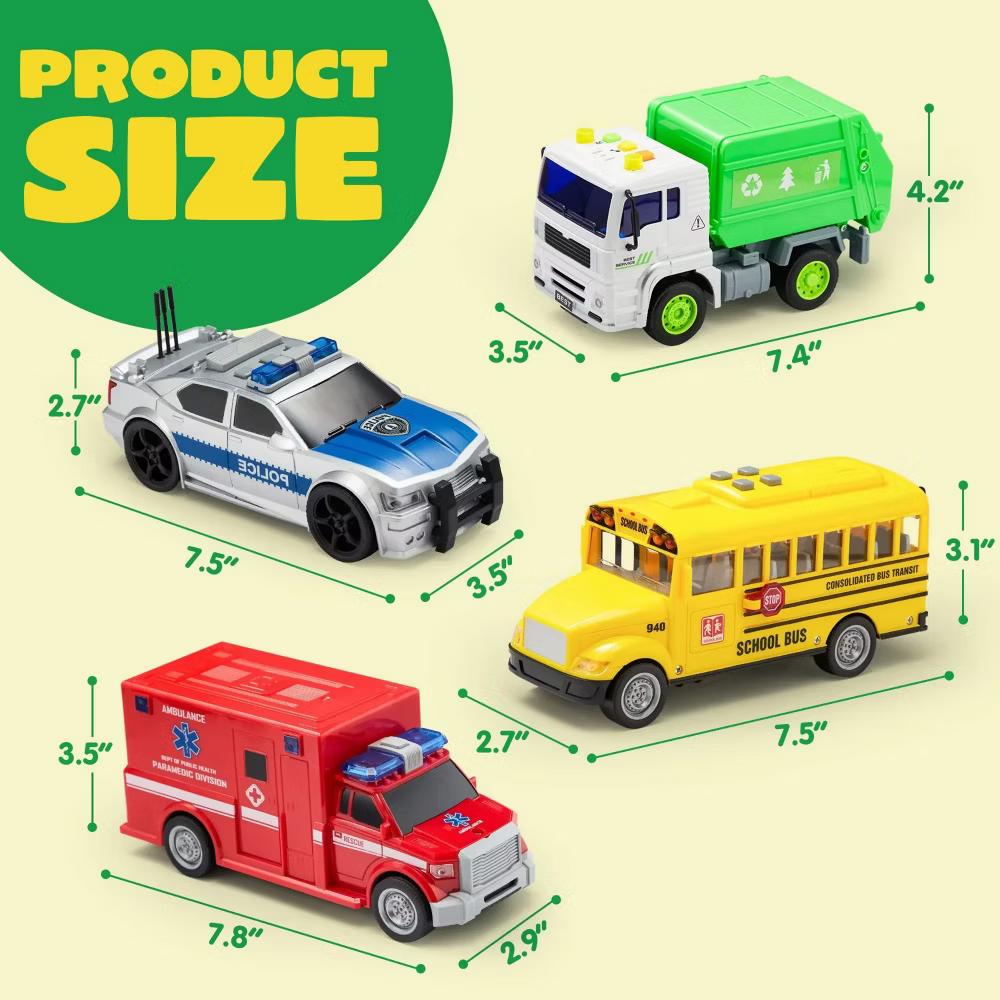 4 Pcs 7" Vehicle Toy Set, Car Toys Including Police Car, School Bus, Garbage Truck, Ambulance, Birthday Gifts Toys for Boys 3 4 5 6 Years - Image 6