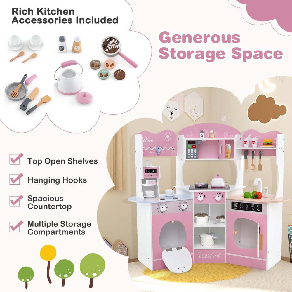 Corner Kitchen Playset with Coffee Machine Oven Microwave Washing Machine White/Brown/Pink - Image 20