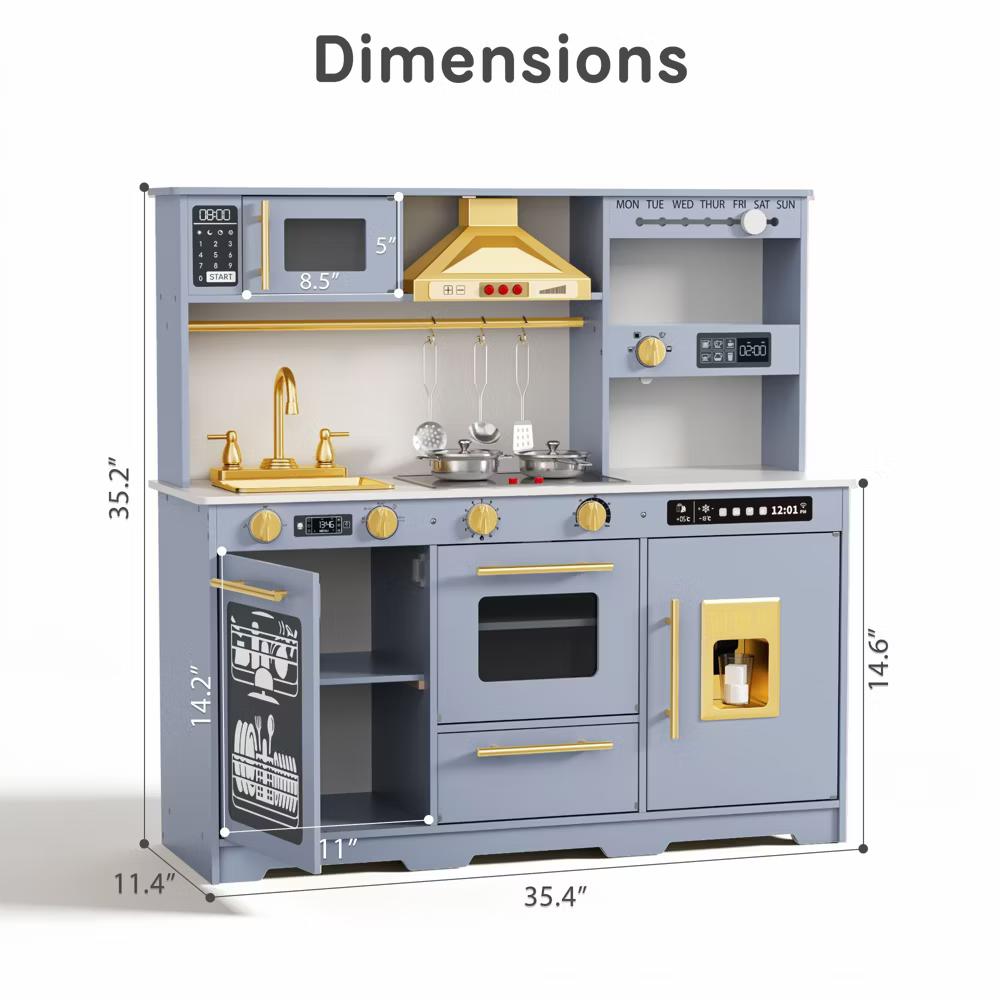 Wooden Play Kitchen for Kids with Running Water Sink, Interactive Stove, Ice Maker, Microwave, Oven & Dishwasher, Ages 3+ - Image 31