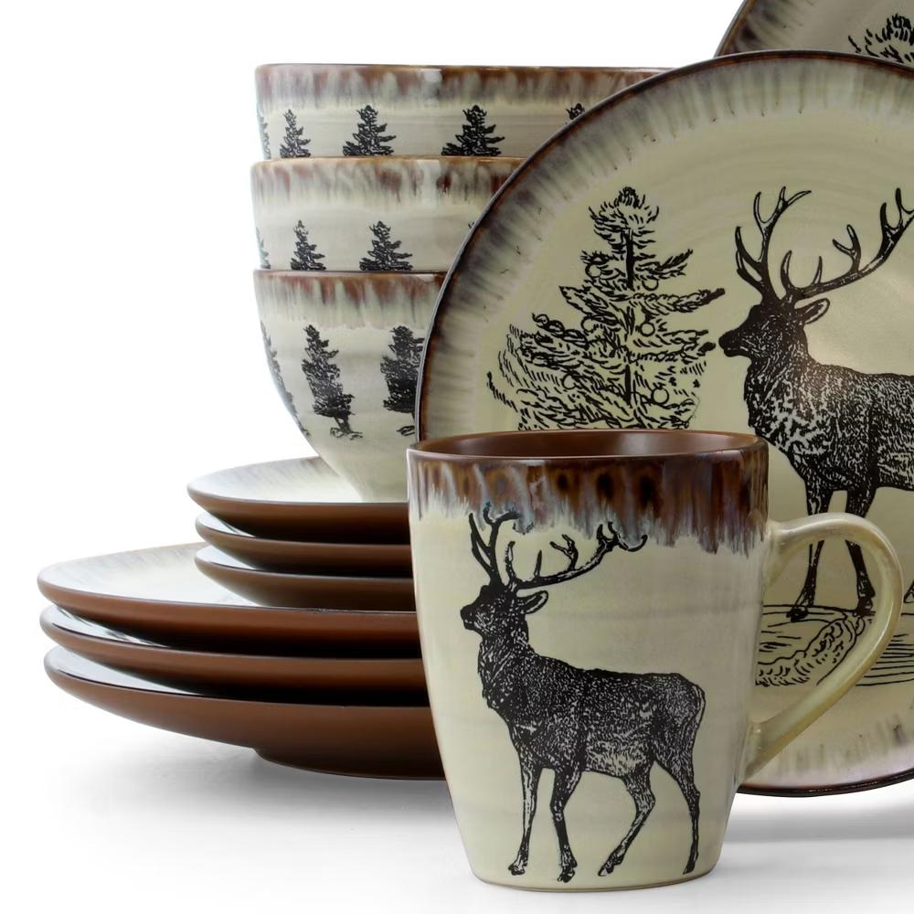 16pc Stoneware Forest Cabin Dinnerware Set Brown - Microwave & Dishwasher Safe, Service for 4, Forest Animals Pattern - Image 6