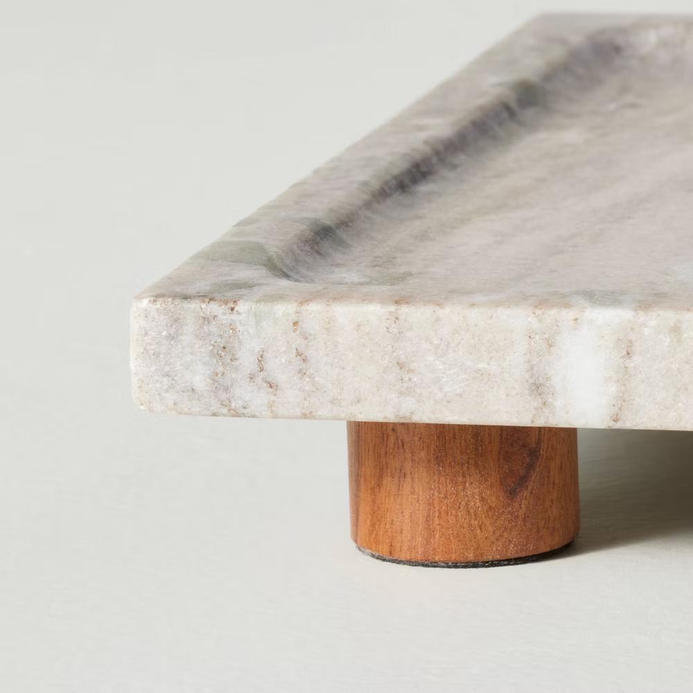 8"x12" Footed Marble Countertop Tray Warm Beige - with Magnolia: Acacia Wood Base, Rectangular Shape - Image 4