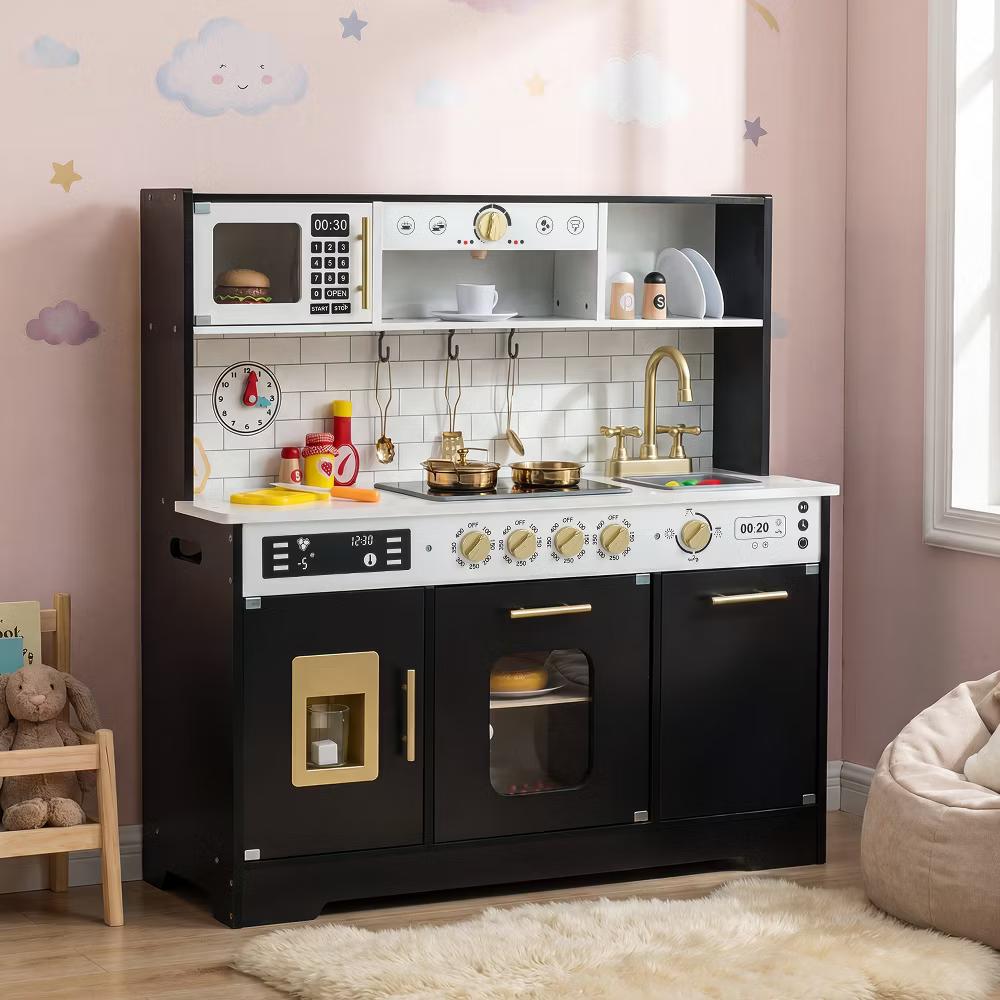 Play Kitchen for Kids, Wooden Kitchen Playset with Realistic Lights & Sounds White/Black - Image 2