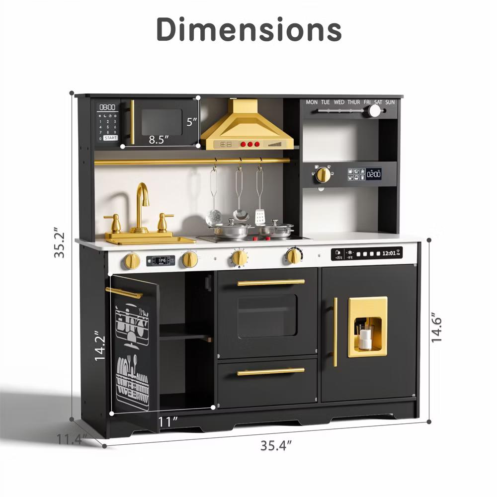 Wooden Play Kitchen for Kids with Running Water Sink, Interactive Stove, Ice Maker, Microwave, Oven & Dishwasher, Ages 3+ - Image 19