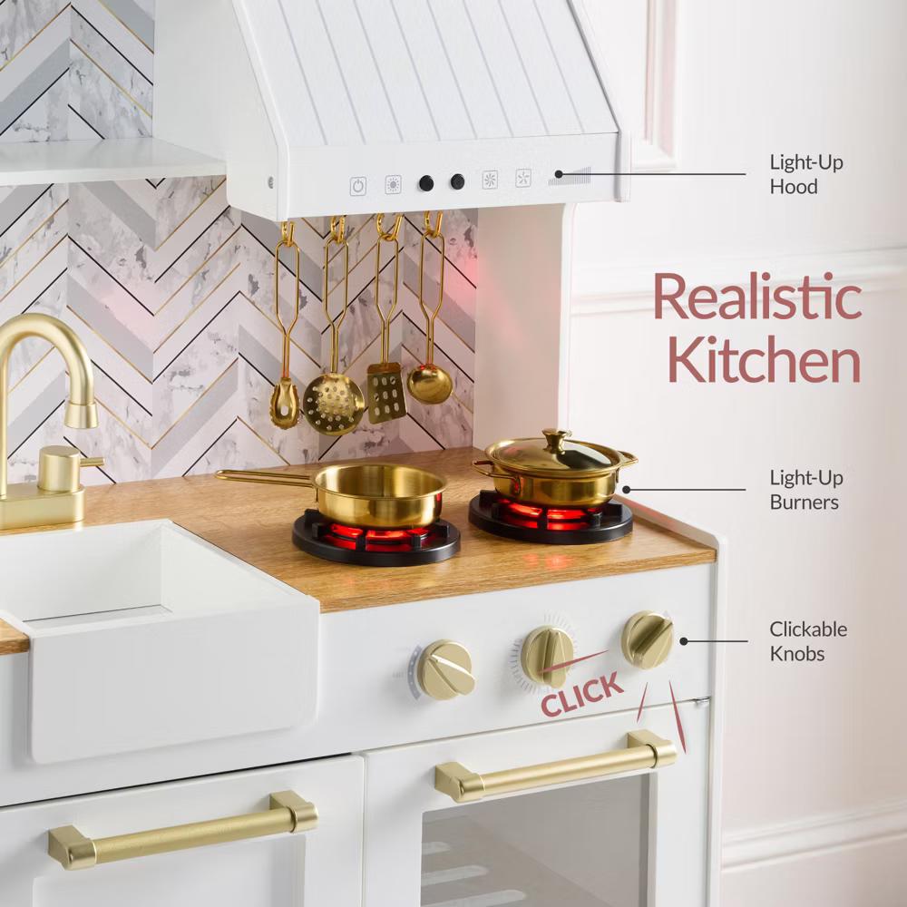 Deluxe Wooden Pretend Play Kitchen with Island and Espresso Machine - White - Image 18