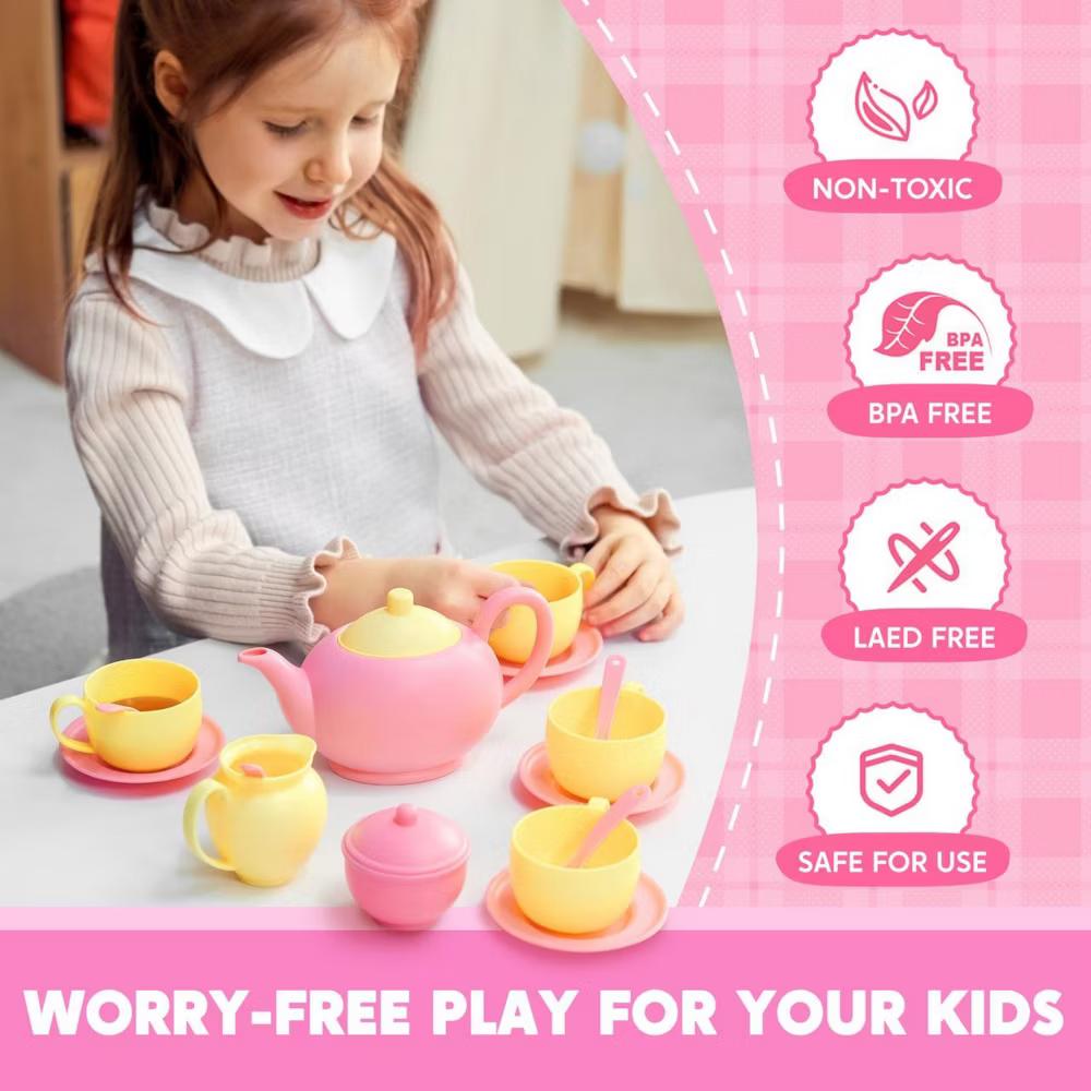 18PCS Toy Tea Set,Pretend Play Tea Party Set, Play Food Accessories Pink Tea Set, Mini Kitchen for Kids, Gifts for Toddler Girls Ages 3 4 5 6 - Image 7