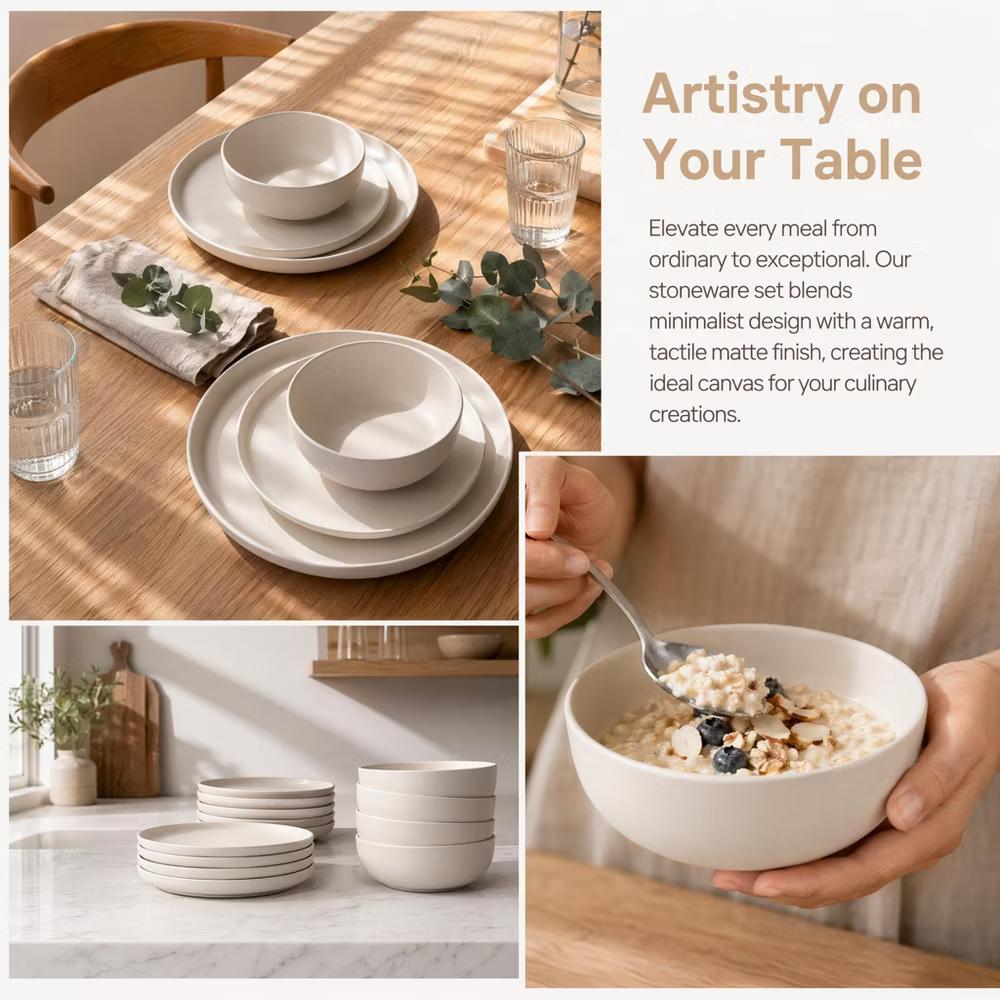 GreenElevate Stoneware Elegance 12-Piece Dinnerware Set for 4, Plates&Bowls, Microwave & Dishwasher Safe, Non-Toxic Matte Glaze, Stackable Kitchenware - Image 12