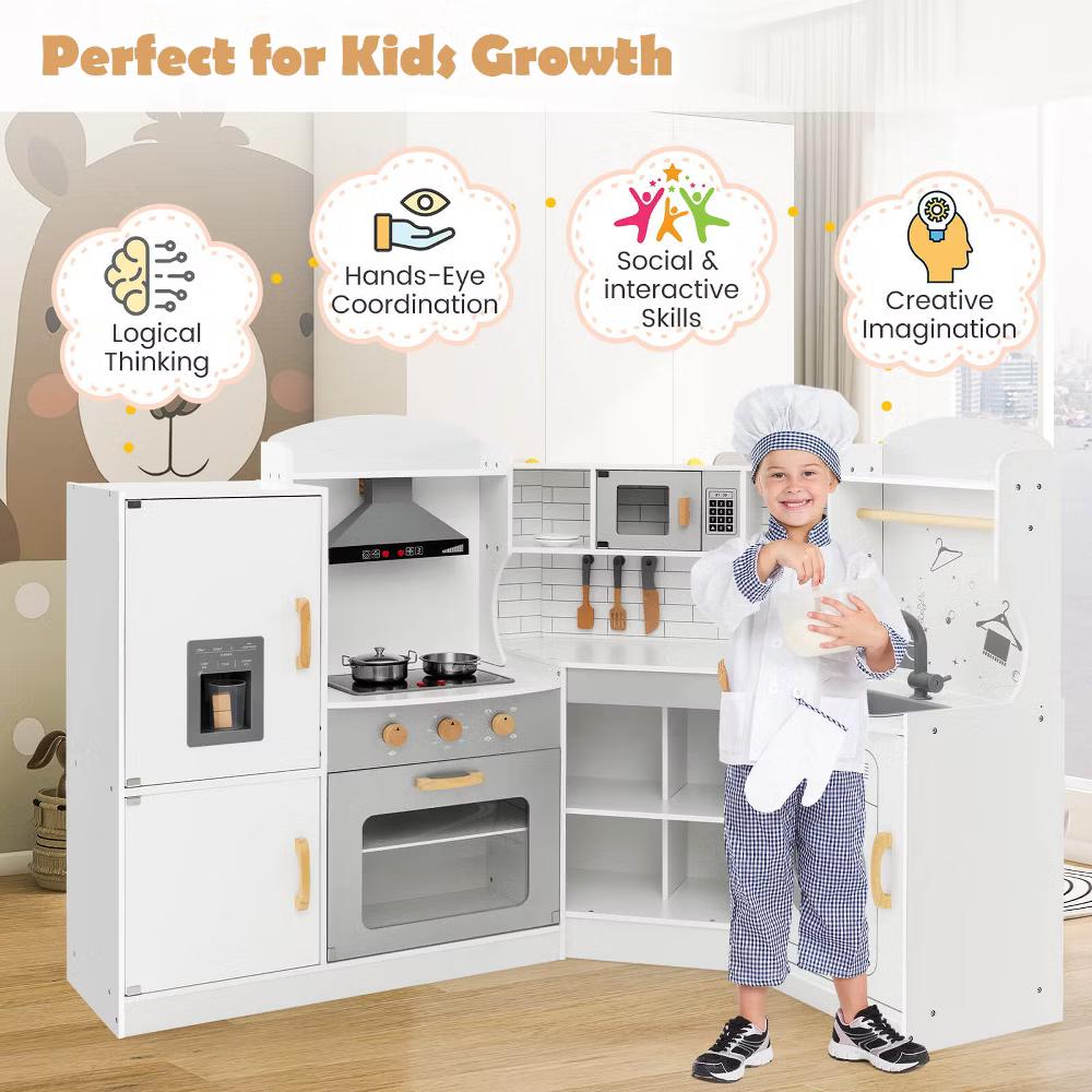 Corner Play Kitchen Toddler Kitchen Playset with Range Hood, Ice Maker, Microwave White/Pink - Image 30