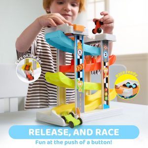 Car Ramp Toy for 18M+ 2 Year Old Boy Girls Gifts, Toddler Race Track Toy with 4 Wooden Cars and Multiple Parking Spaces, Birthday Gift for Kids