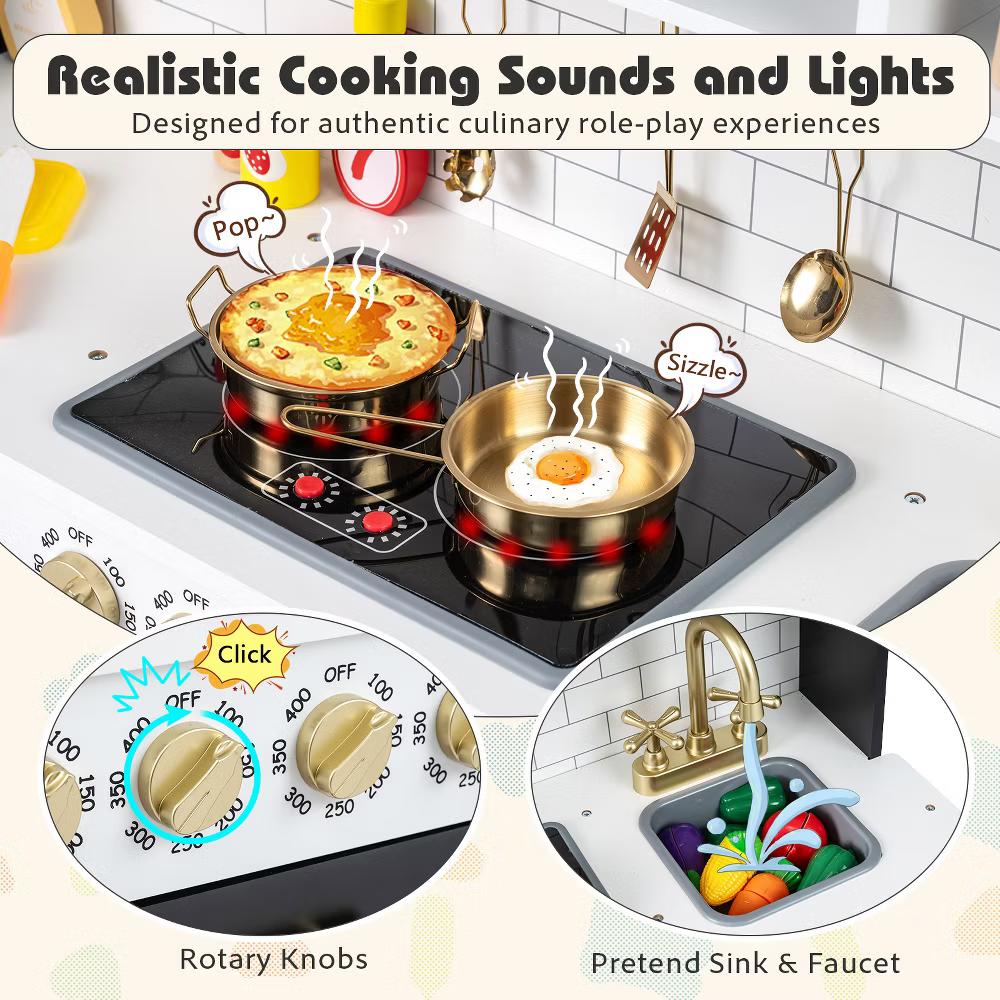Play Kitchen for Kids, Wooden Kitchen Playset with Realistic Lights & Sounds White/Black - Image 6