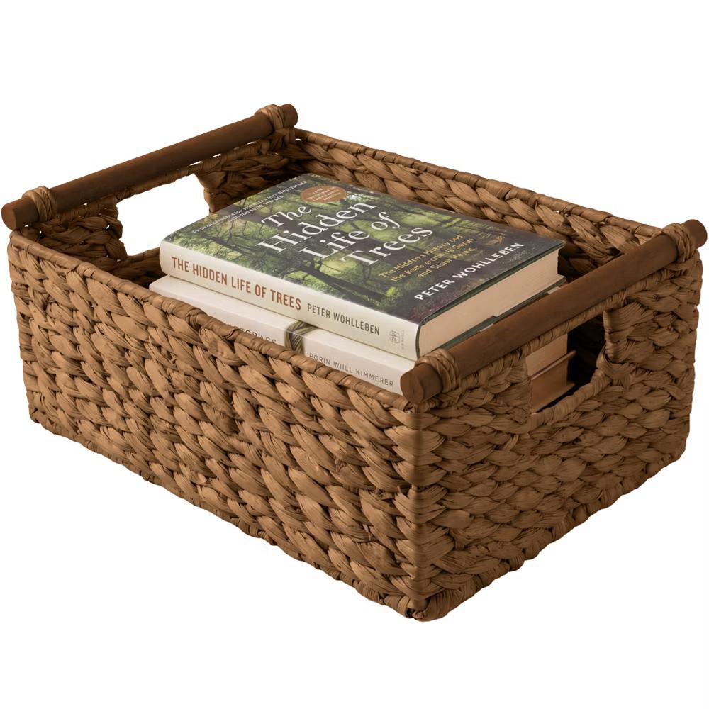 Wicker Storage Basket, Shelf Basket w/ Wooden Handles, Rectangular Storage Bin - Natural - Image 9
