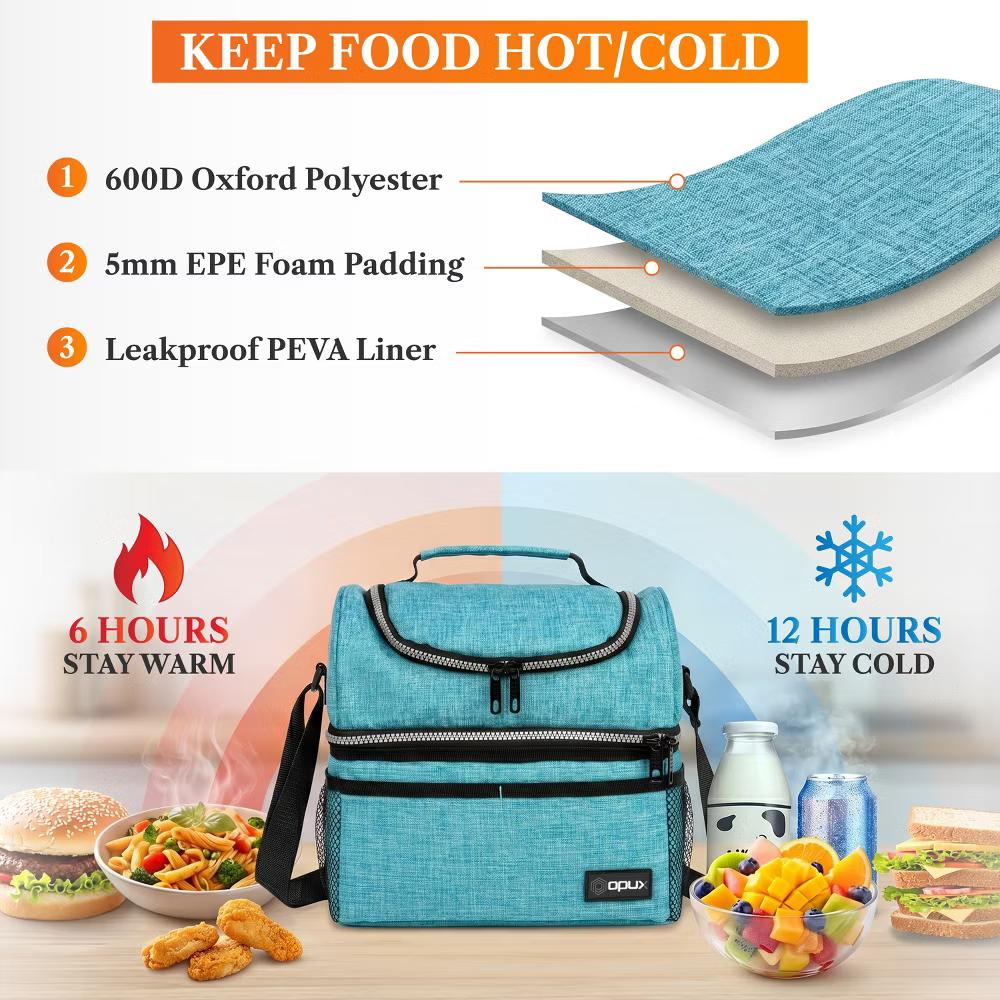 Double Decker Lunch Box Men Women, Insulated Leakproof Cooler Bag Adult Work, Dual Compartment Pail Tote Boys Girls Kids - Image 104