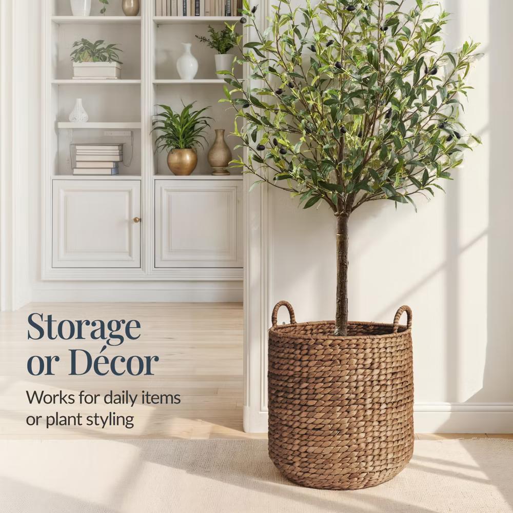 Round Storage Basket w/ Handles, Handwoven Water Hyacinth, Storage Organizer Tote - Natural - Image 8