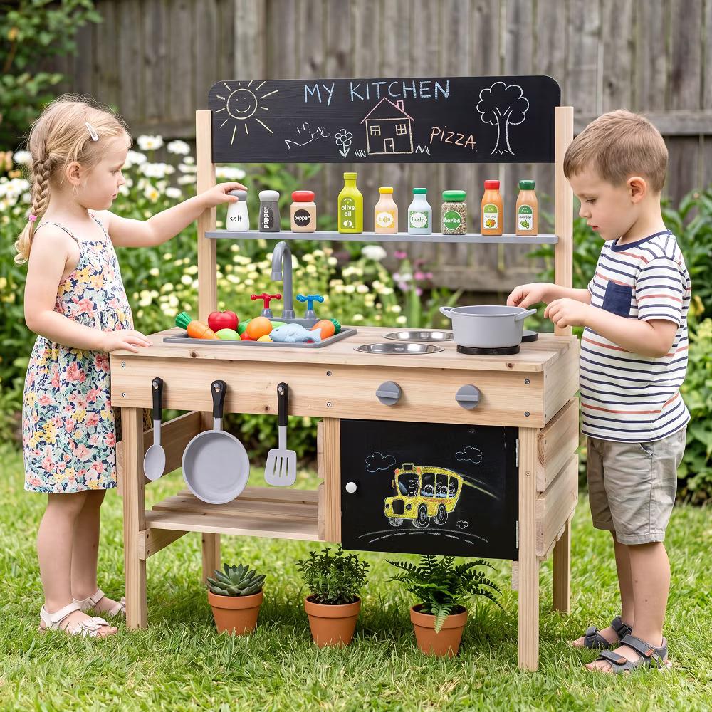 Outdoor Mud Kitchen for Kids, Wooden Play Pretend Kitchen with Cooking Accessories Natural - Image 9