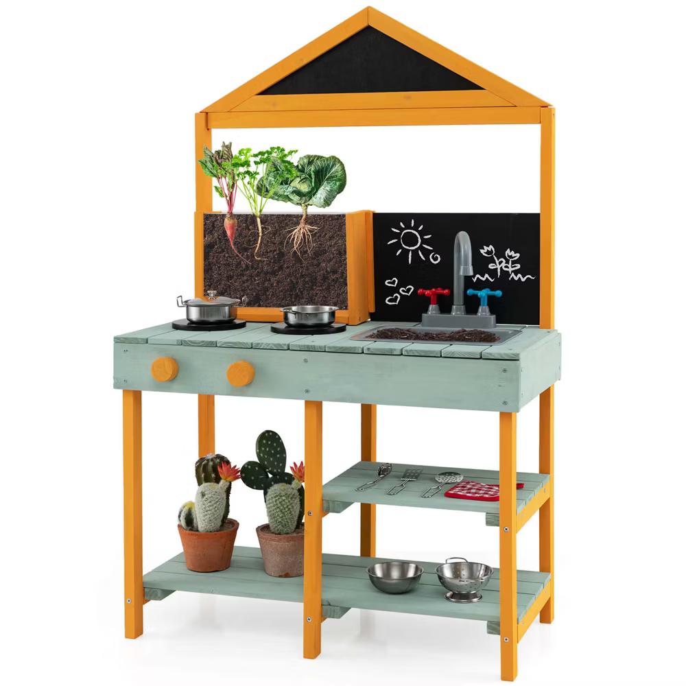 Kids Kitchen Playset Outdoor Mud Kitchen with Root Viewer Planter Removable Sink - Image 10