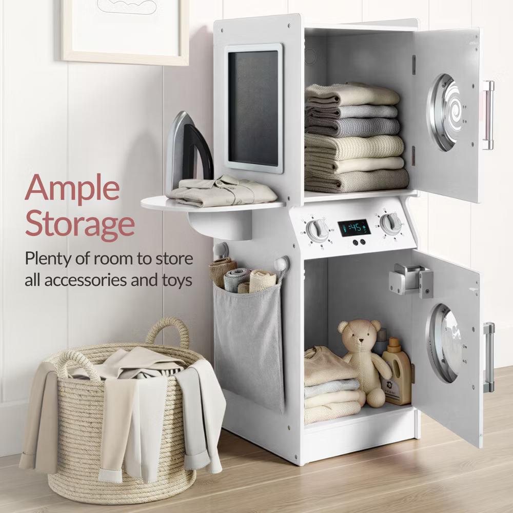Pretend Play Kids Wooden Stacked Washer & Dryer Set w/ Toy Laundry Storage and Accessories - Pink - Image 10