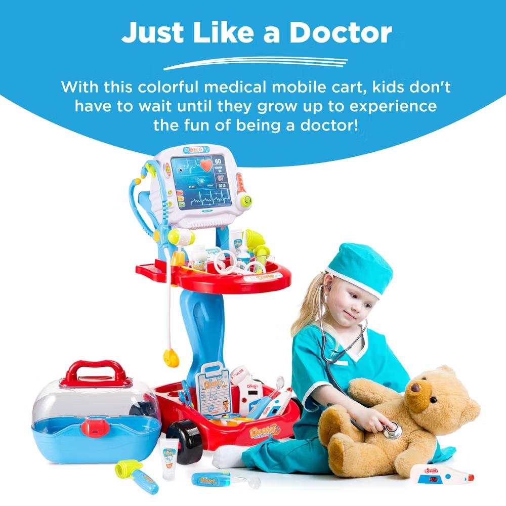 Play Doctor Kit for Kids, Pretend Medical Station Set with Carrying Case, Mobile Cart - Blue - Image 2