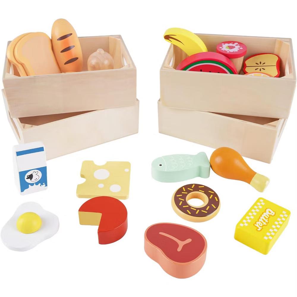 Etokfoks Wooden Play Food Set 18 Piece Pretend Kitchen Toy Food Groups for Toddlers 1 2 3 Year Olds Includes 4 Storage Boxes - Image 7