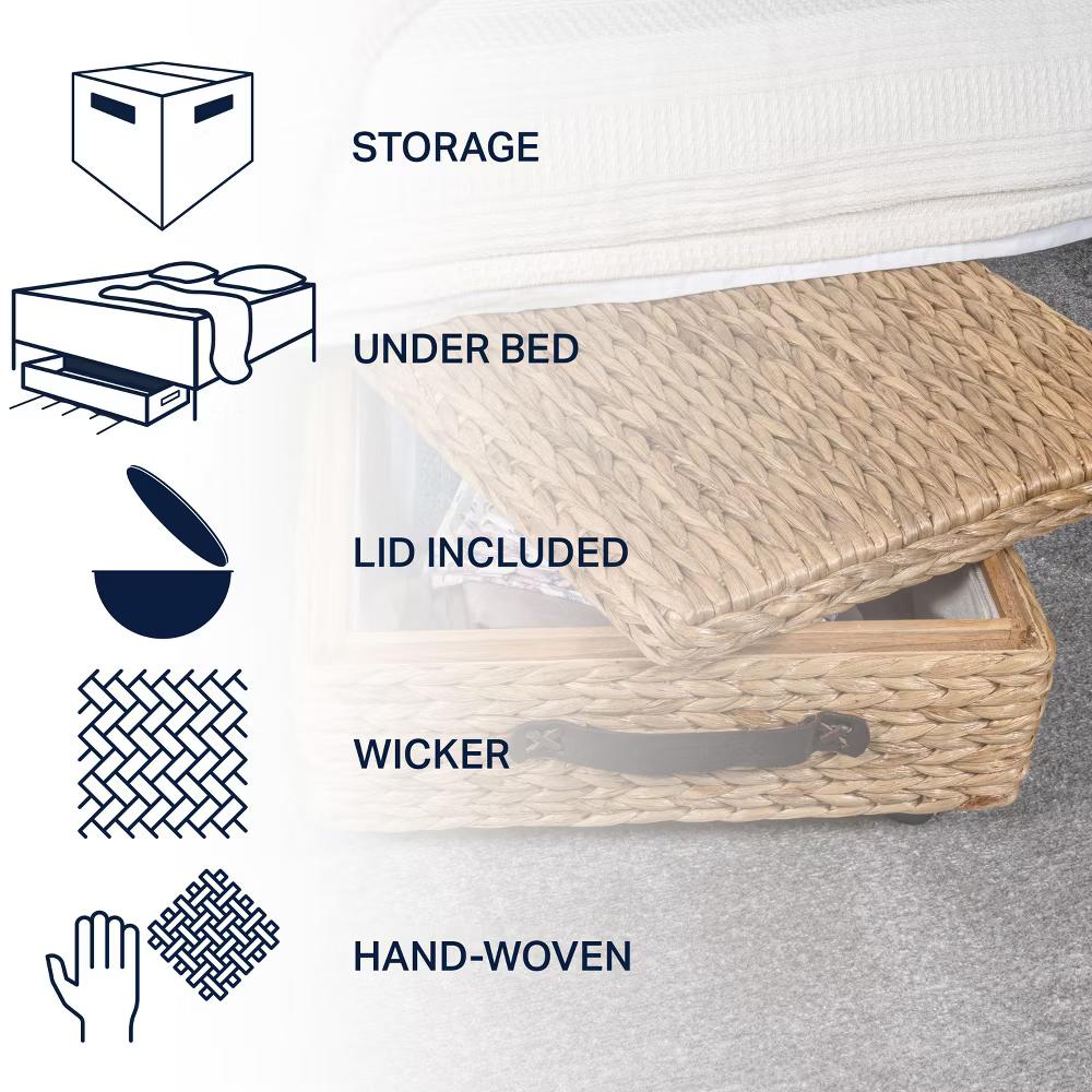 happimess Chett Minimalist Hand-Woven Hyacinth/Wood Underbed Storage Bin with Wheels and Handles - Image 15