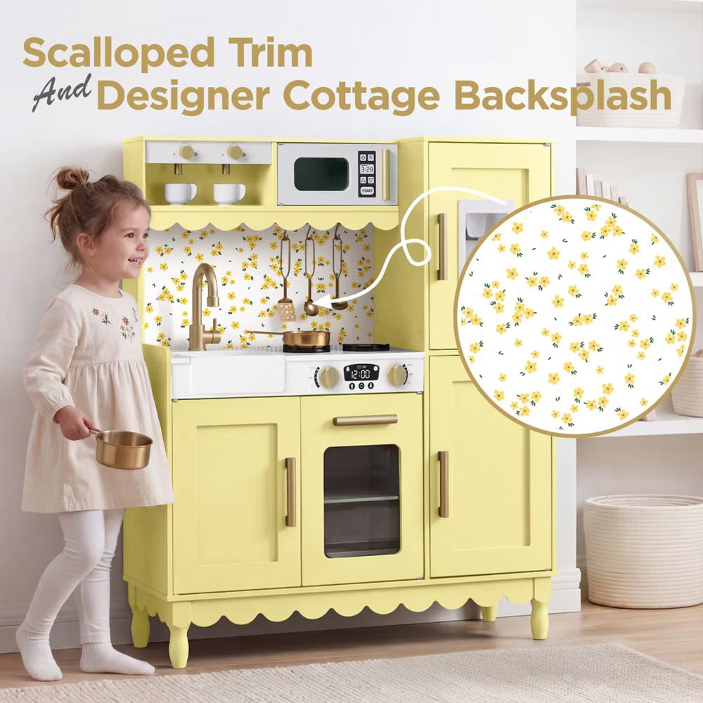 Wooden Cottage Kids Pretend Play Kitchen with 11 Accessories, Espresso Machine - Pink - Image 5